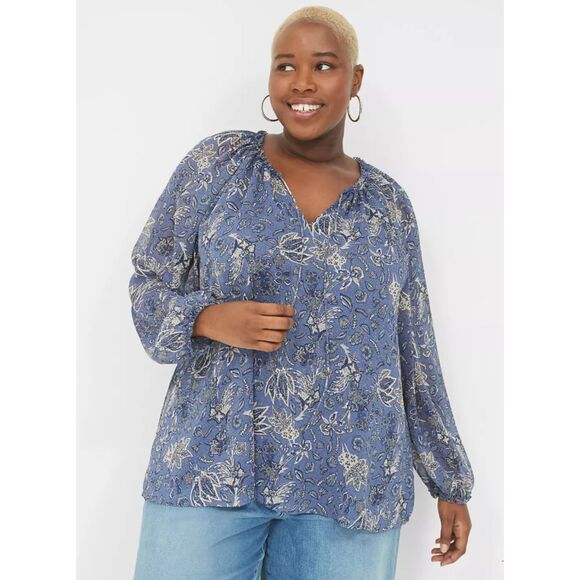 NWT Lane Bryant Blue Paisley Lurex Ruffle V Neck Chiffon Plus Blouse Lined 22/24 - Picture 1 of 12